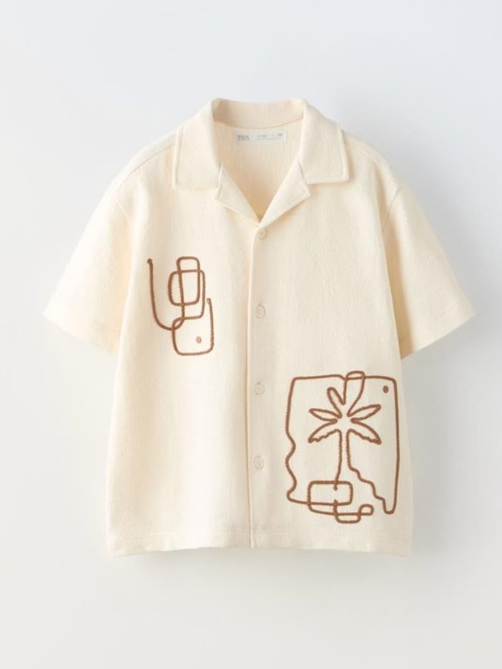 Zara Boys’ Short Sleeve Button Front Cream Embroidered Shirt Size 8-9